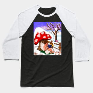 Bookworms mushroom - Snow covered mushroom covering Little bookworm angel boy cherub reading a book - tranquil winter scenery Baseball T-Shirt